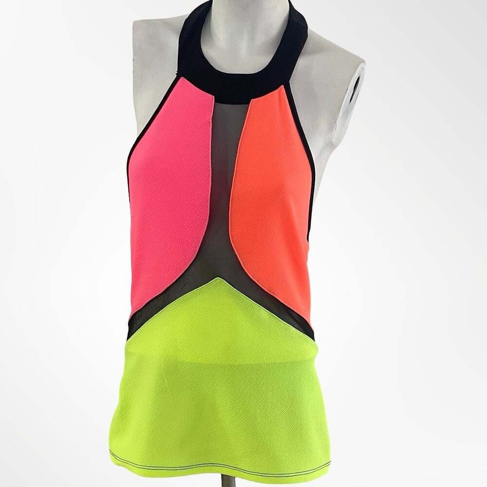 Flamingo Neon Colorblock Mesh Halter Tank Top